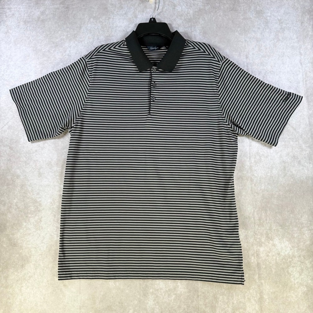 Walter Hagen Men XL Polo Shirt Grey Black Striped Pima Cotton Blend Short Sleeve